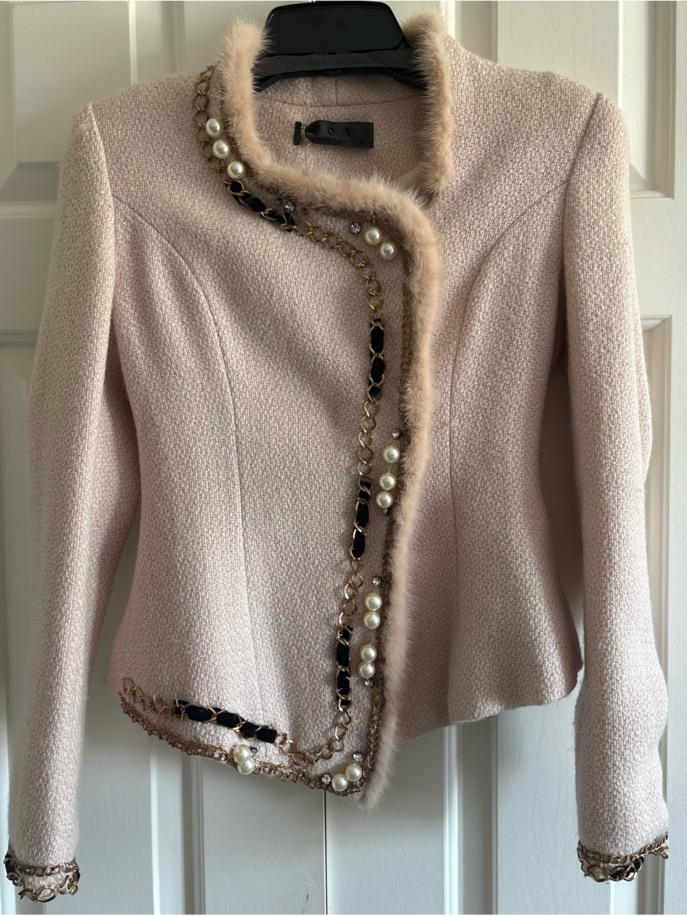 TOV Holy Blush Pink Bouclé Pearl & Chain Trim Jacket
